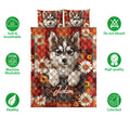 Husky quilt bedding set shown front-facing with matching pillowcase options, floral plaid artwork, and care icons