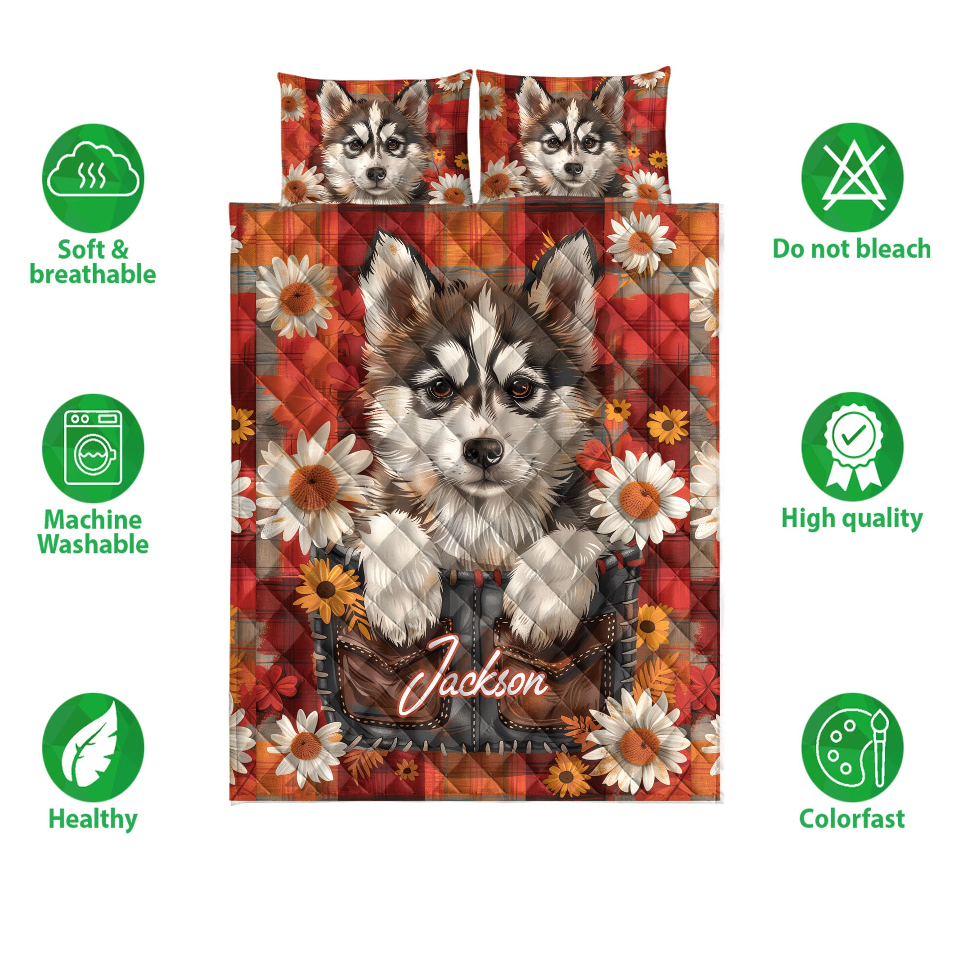 Husky quilt bedding set shown front-facing with matching pillowcase options, floral plaid artwork, and care icons