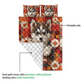 Husky quilt blanket shown with a printed front, white quilted backing, and floral plaid artwork