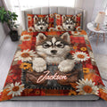 Husky quilt bedding set styled in a bright bedroom with a large husky portrait and daisy floral accents