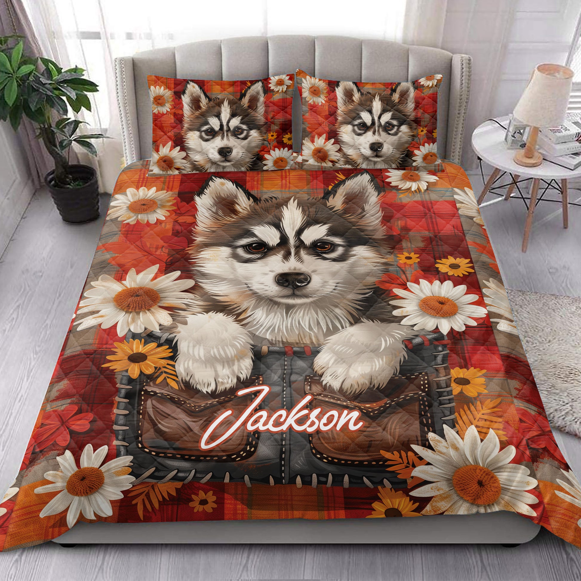 Husky quilt bedding set styled in a bright bedroom with a large husky portrait and daisy floral accents