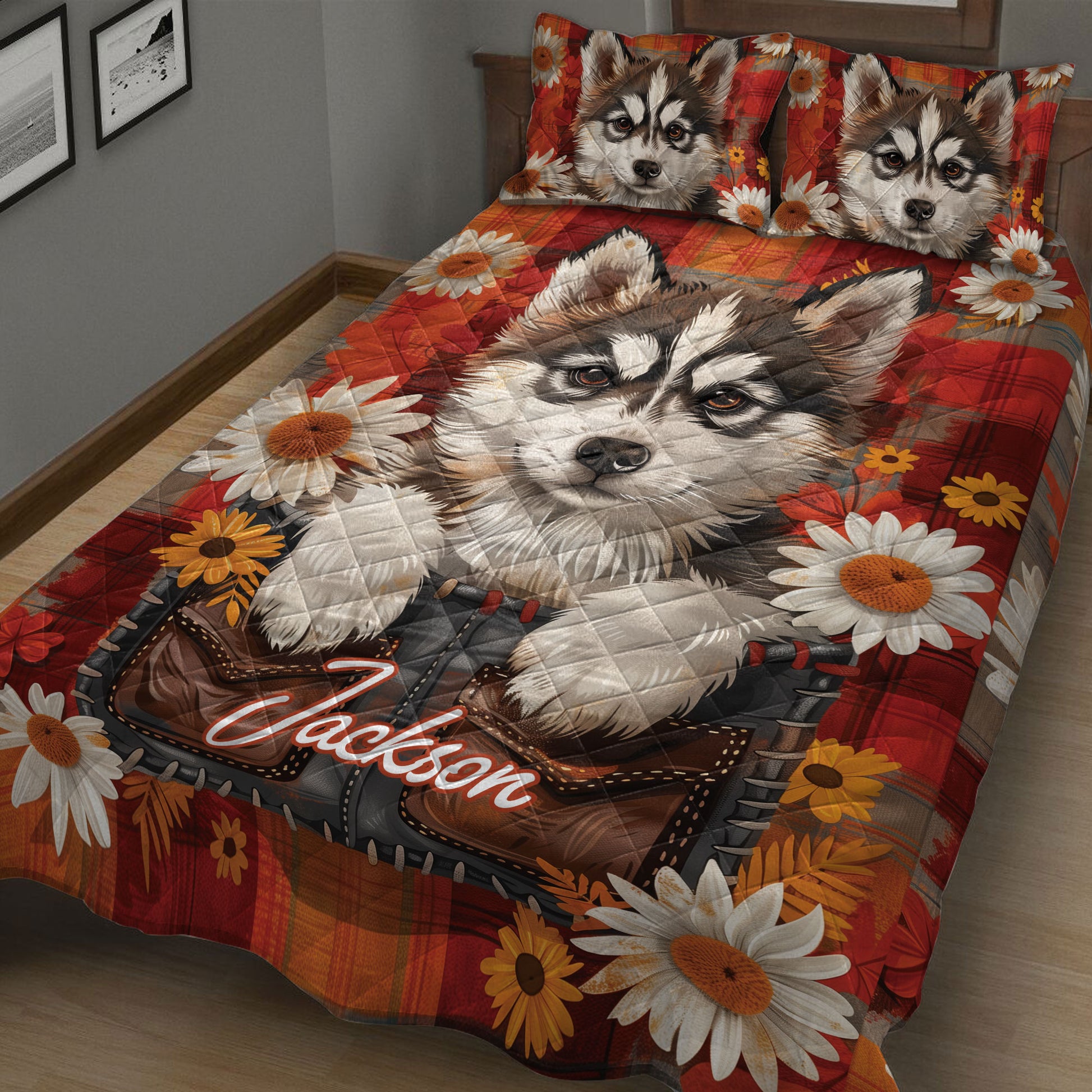 Close view of husky quilt blanket bedding with detailed dog artwork, daisies, autumn colors, and plaid background