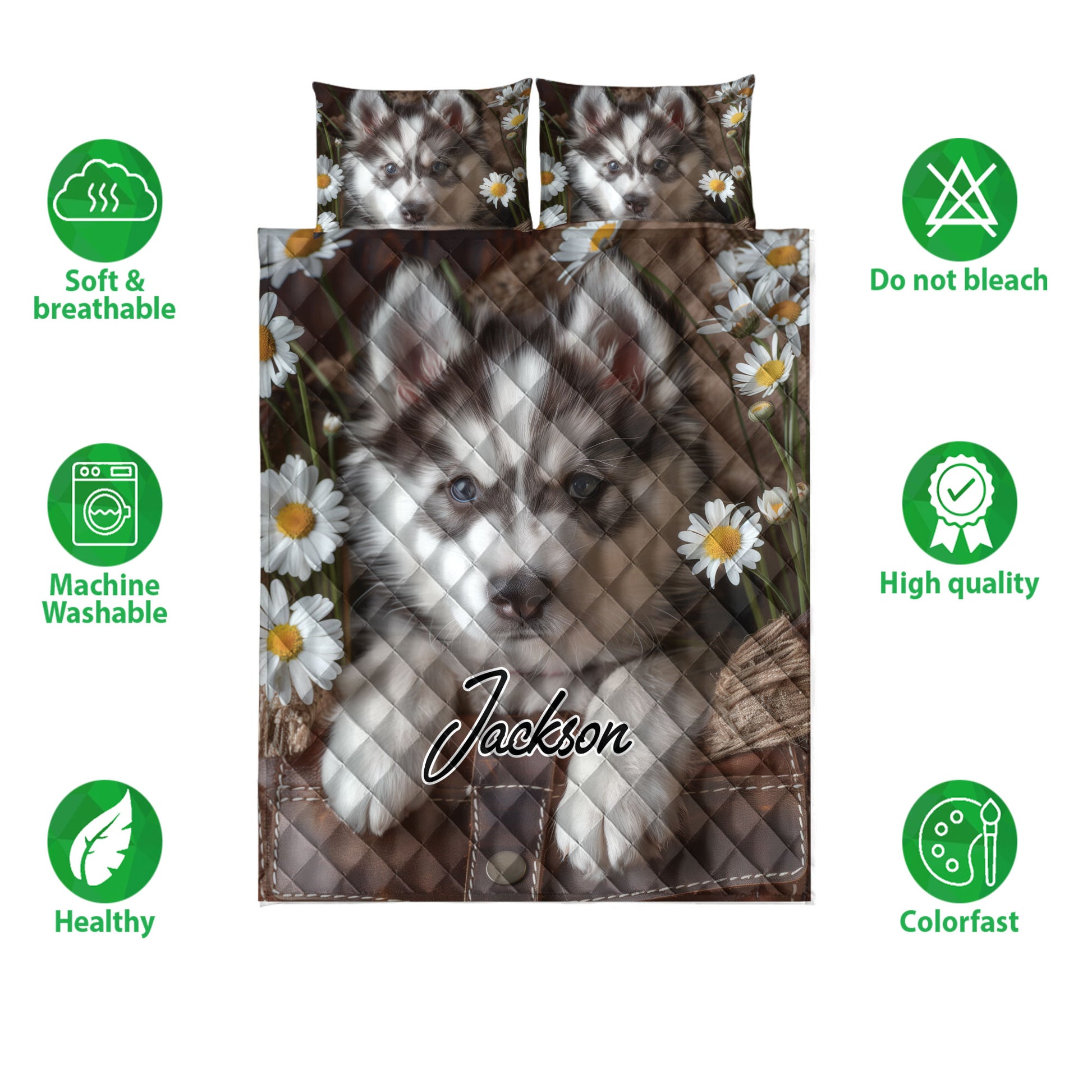 Husky quilt bedding set with floral artwork shown alongside care and quality feature icons