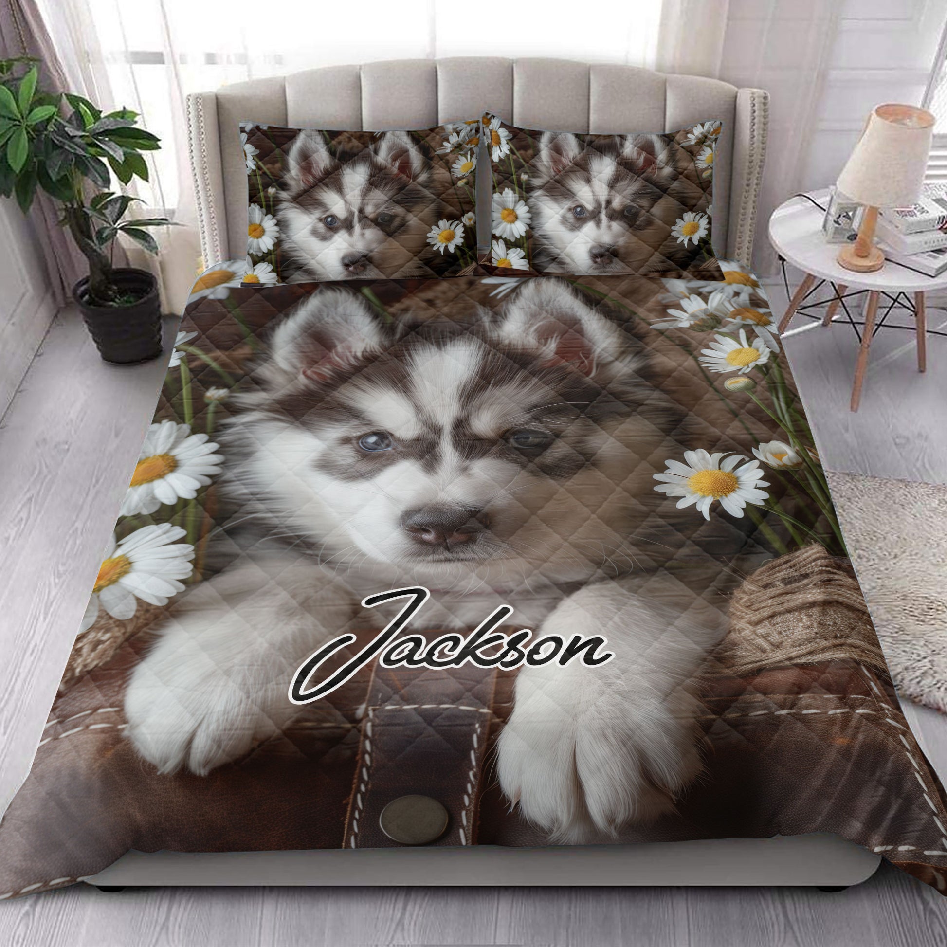 Husky quilt bedding set with daisy artwork styled in a bright contemporary bedroom