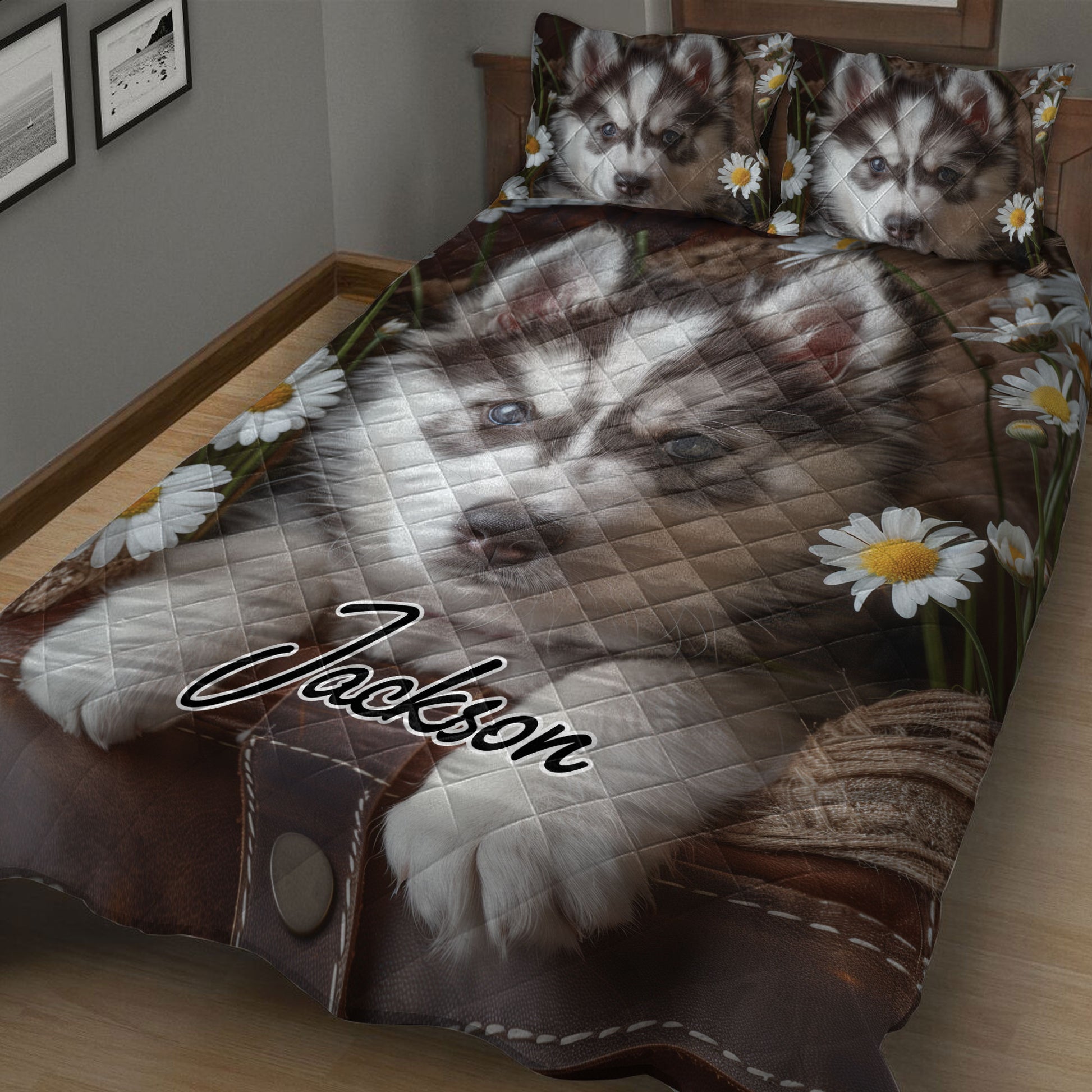 Close view of husky quilt blanket with floral accents and rustic outdoor-inspired artwork