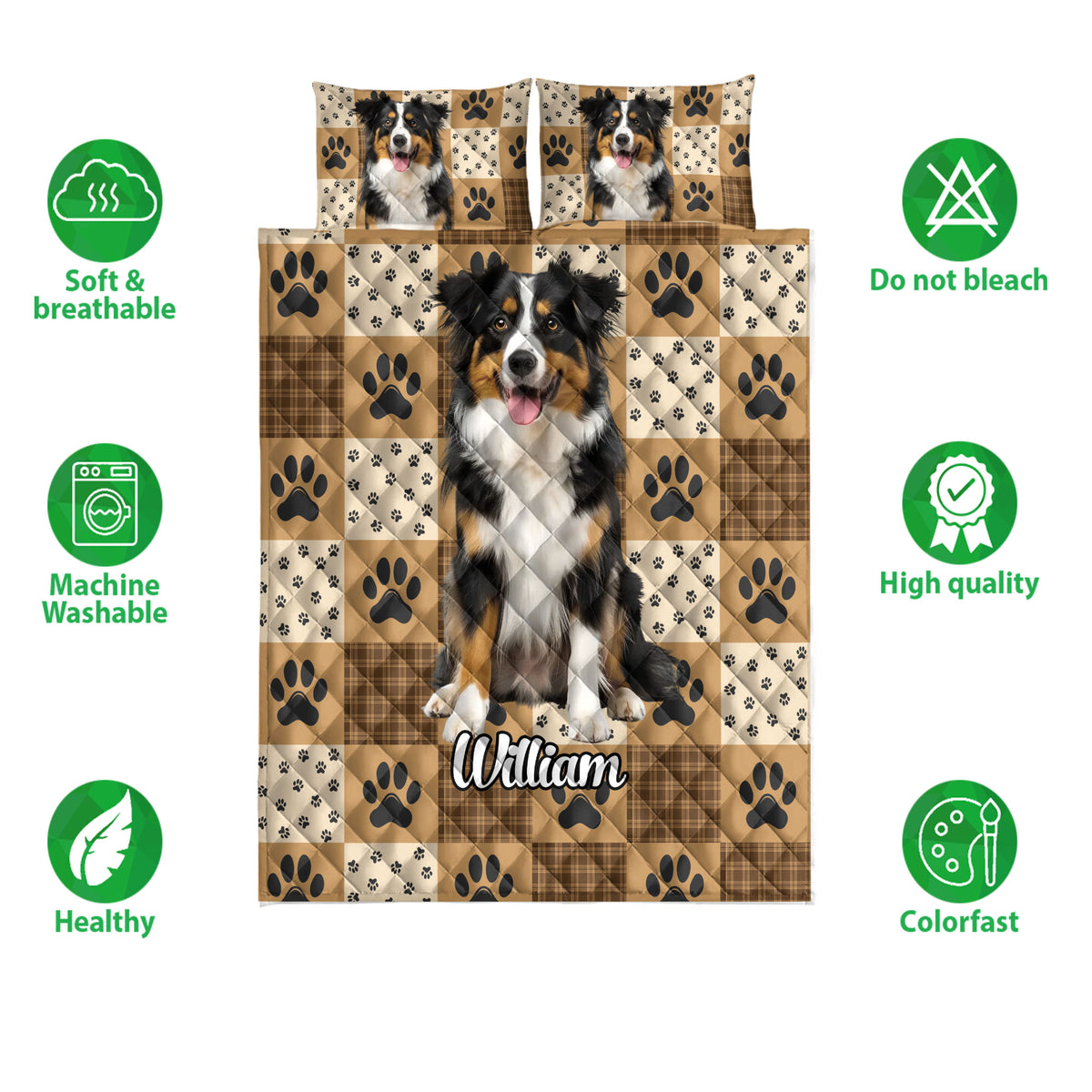 Australian Shepherd quilt bedding set displayed with coordinated pillowcases, paw print patches, and plaid artwork
