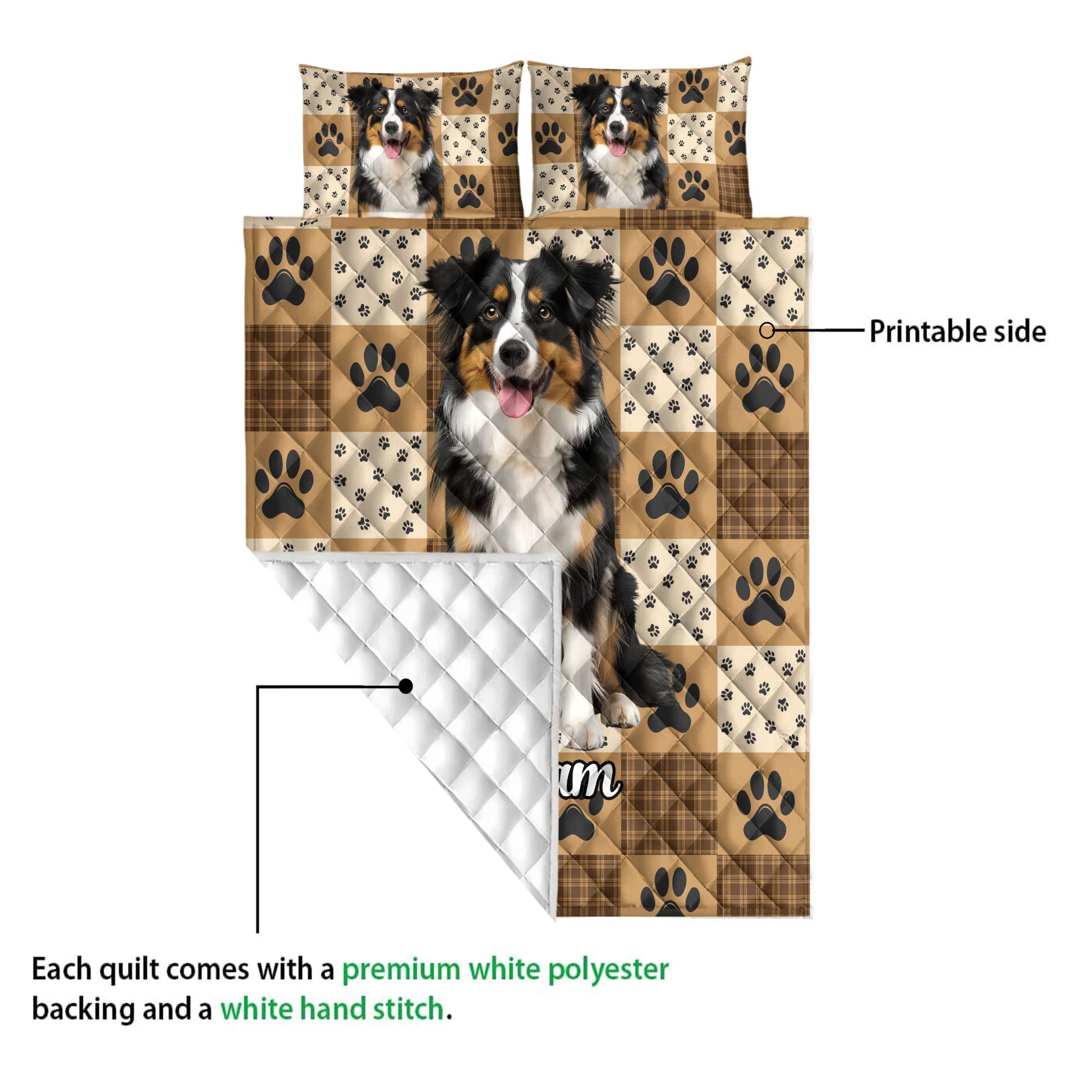Australian Shepherd quilt blanket showing the printed front design and quilted white backing detail