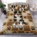 Australian Shepherd quilt bedding set styled in a bright bedroom with dog portraits and paw print artwork