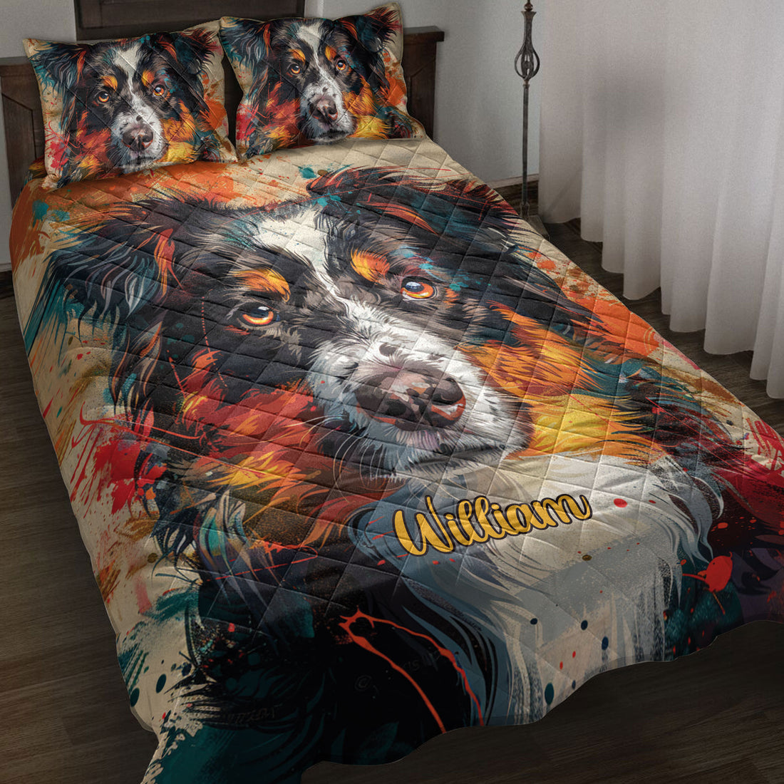 Australian Shepherd quilt blanket styled on a bed with vivid black, orange, teal, and red artwork