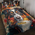 Australian Shepherd quilt blanket styled on a bed with vivid black, orange, teal, and red artwork