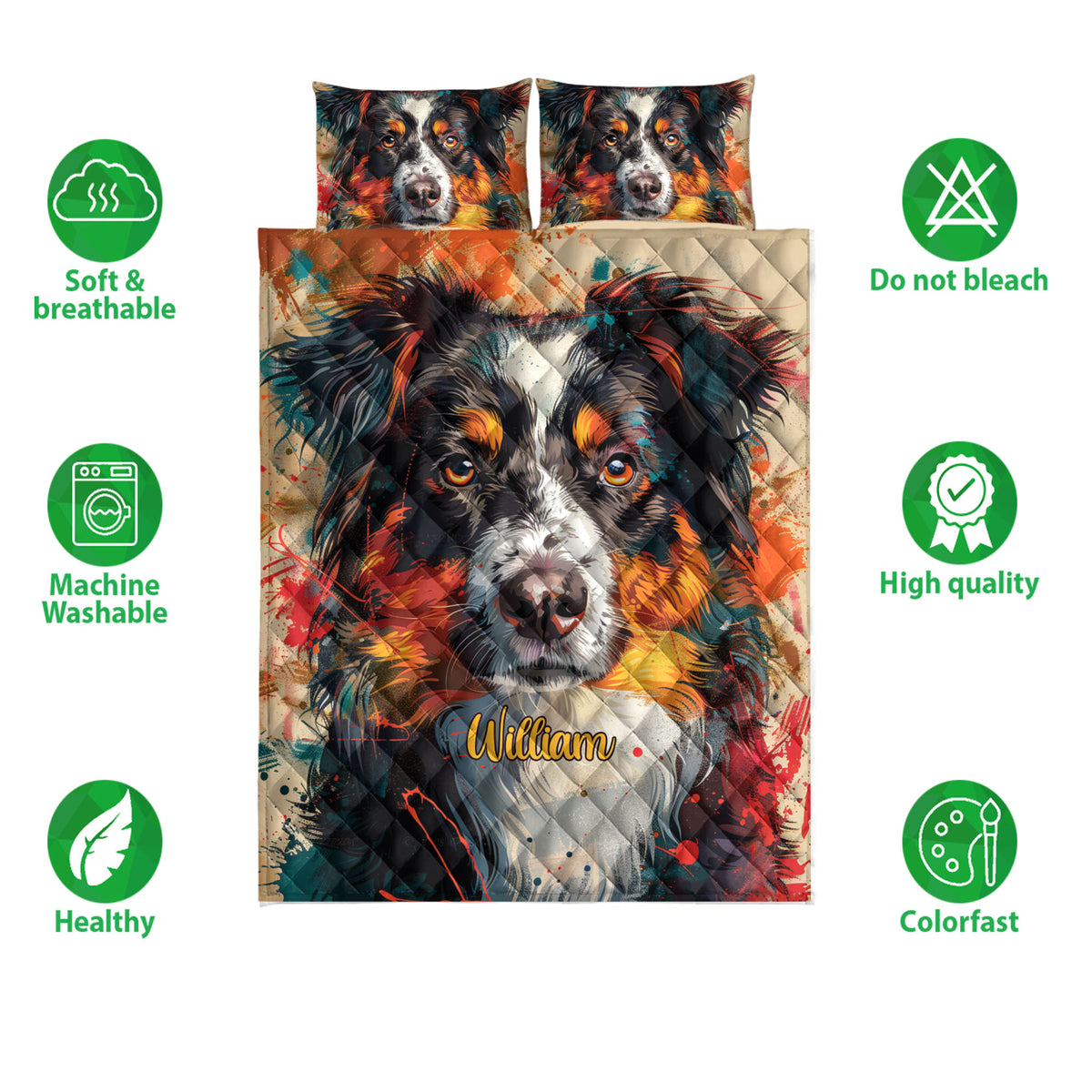 Australian Shepherd quilt bedding set displayed with soft breathable and colorfast feature icons