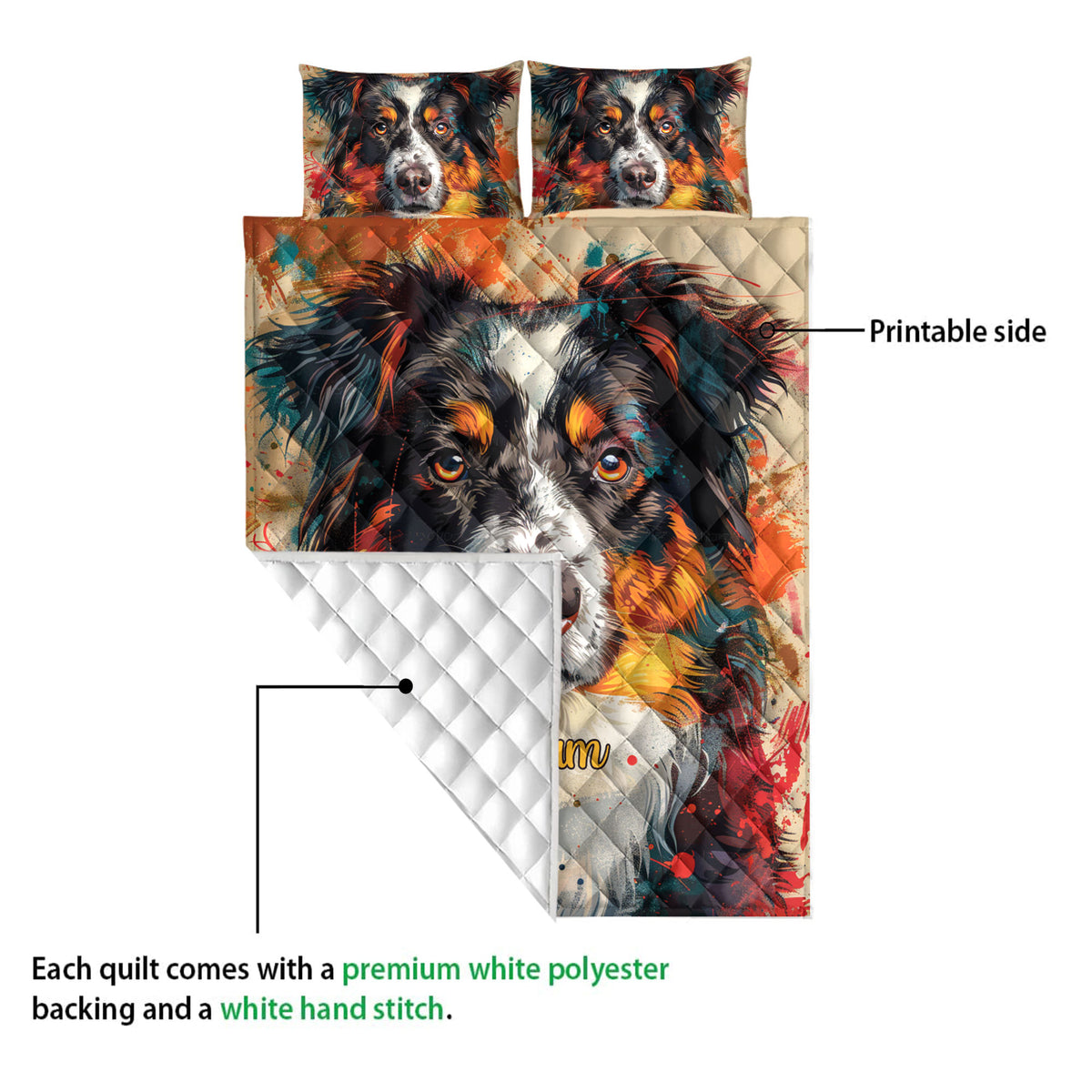 Australian Shepherd quilt showing the colorful printed side and white quilted backing
