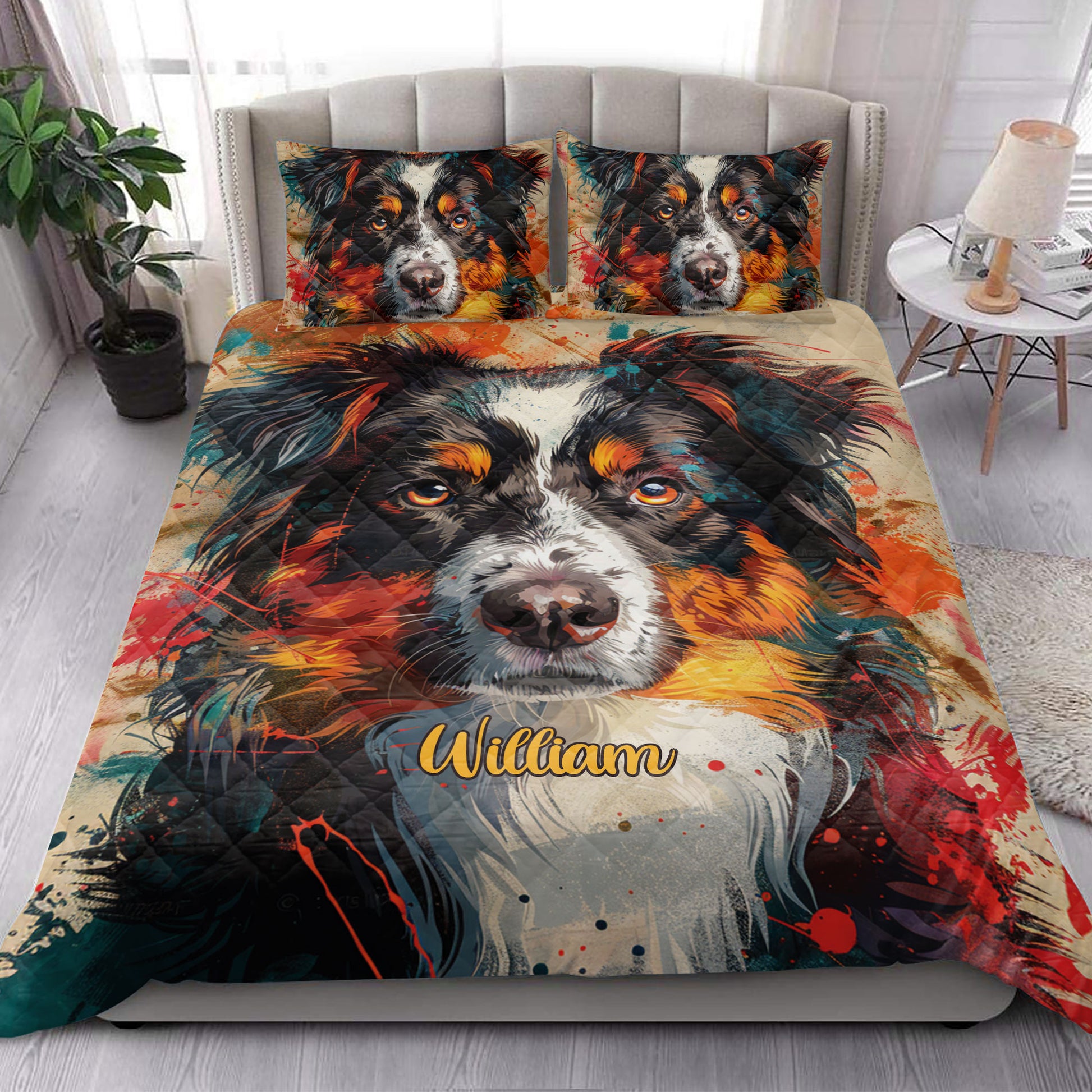 Australian Shepherd quilt blanket shown in a bright bedroom with bold colorful dog artwork