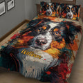 Close lifestyle view of an Australian Shepherd quilt blanket with vivid painterly dog artwork