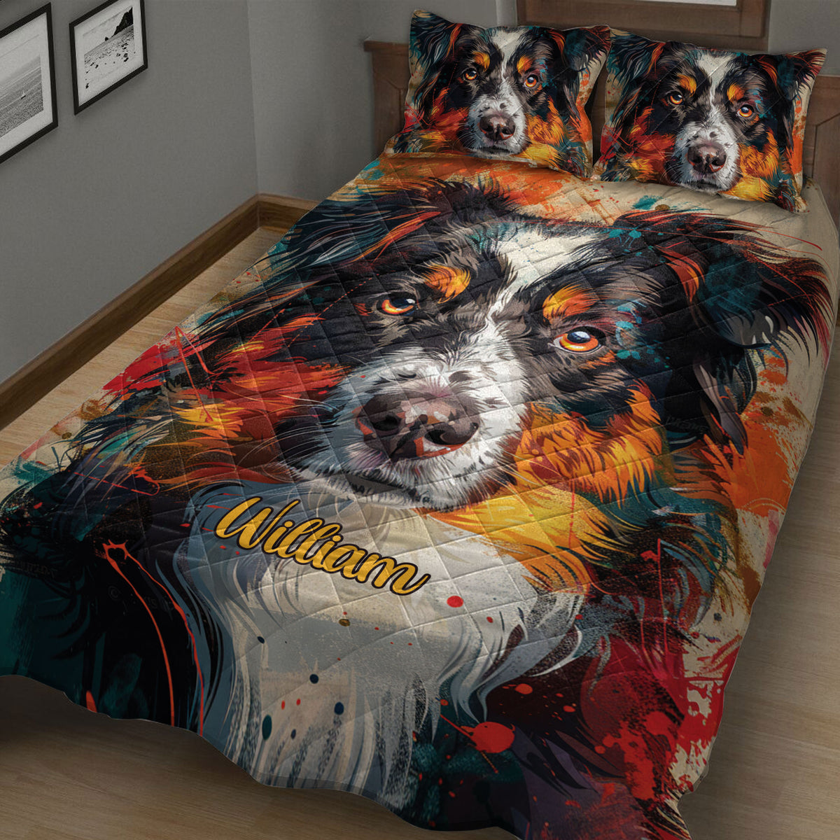 Close lifestyle view of an Australian Shepherd quilt blanket with vivid painterly dog artwork