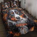 Australian Shepherd quilt blanket displayed on a bed with bold black, gray, and orange dog artwork