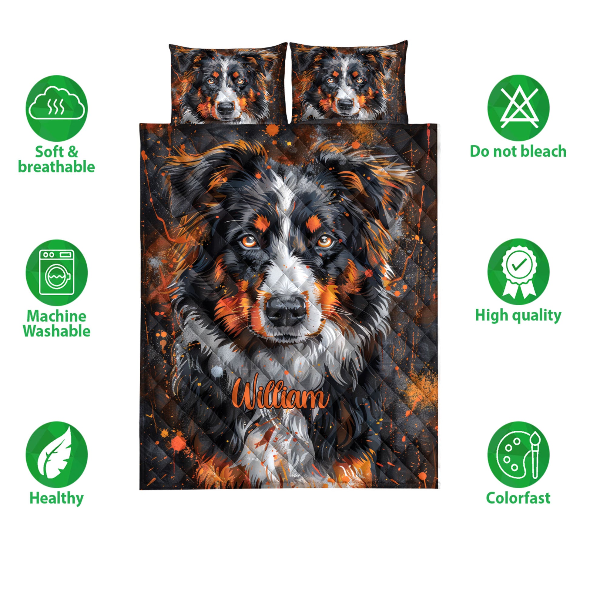 Australian Shepherd quilt bedding set shown with portrait artwork and soft breathable care icons