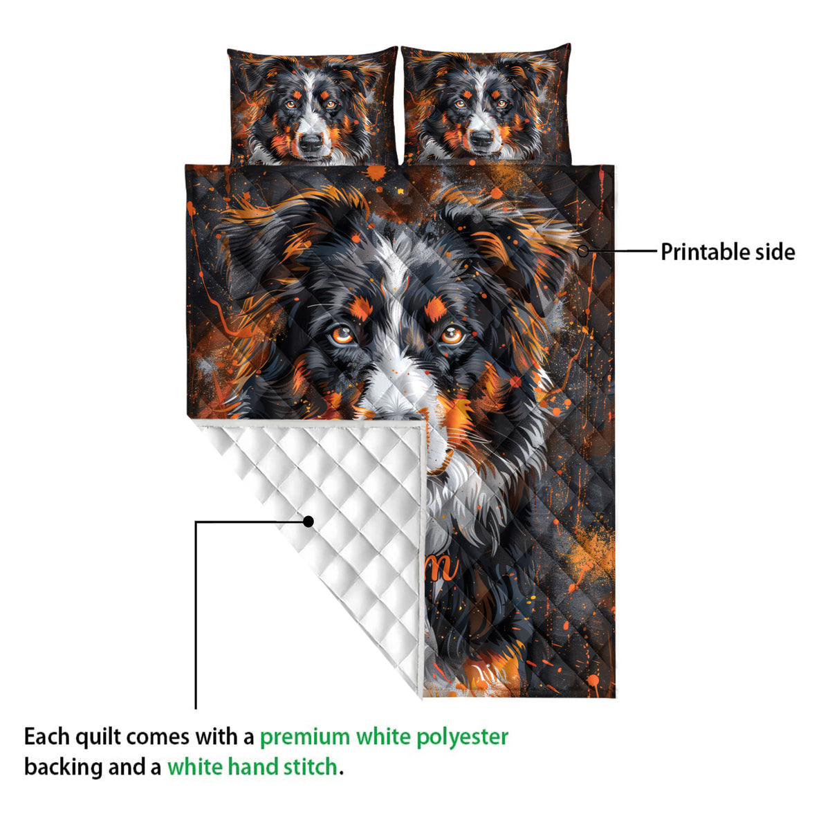 Australian Shepherd quilt showing the printed front design and white quilted reverse