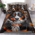 Australian Shepherd quilt blanket styled in a bright bedroom with matching dog artwork