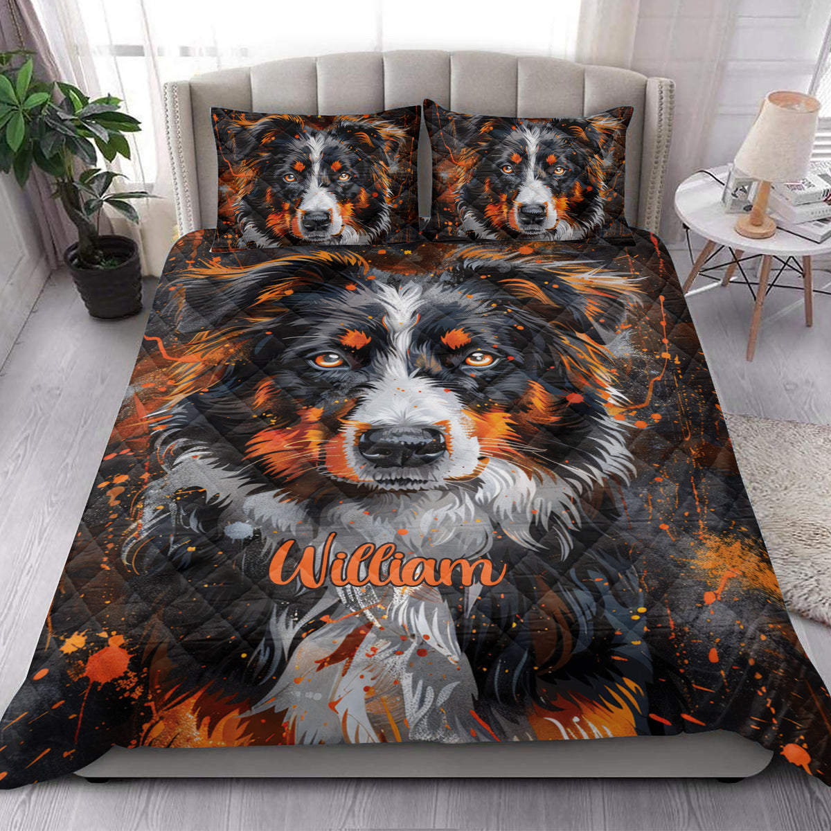 Australian Shepherd quilt blanket styled in a bright bedroom with matching dog artwork