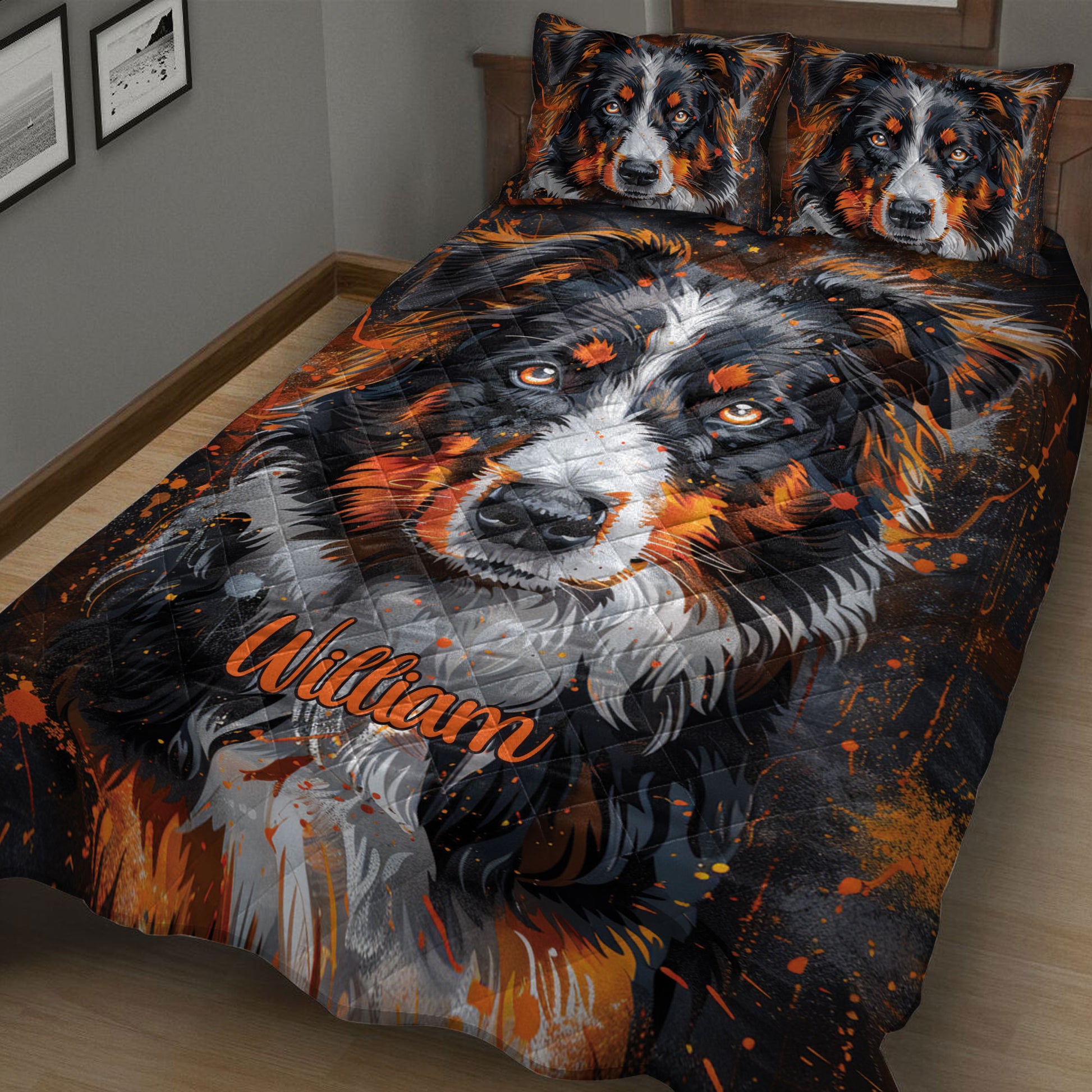 Close bedroom view of Australian Shepherd quilt blanket with vivid black, gray, and orange design