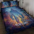 Bigfoot quilt blanket spread across a bed with colorful forest artwork in blue, purple, and gold tones