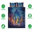 Front-facing Bigfoot quilt bedding set with forest artwork and care and quality feature icons