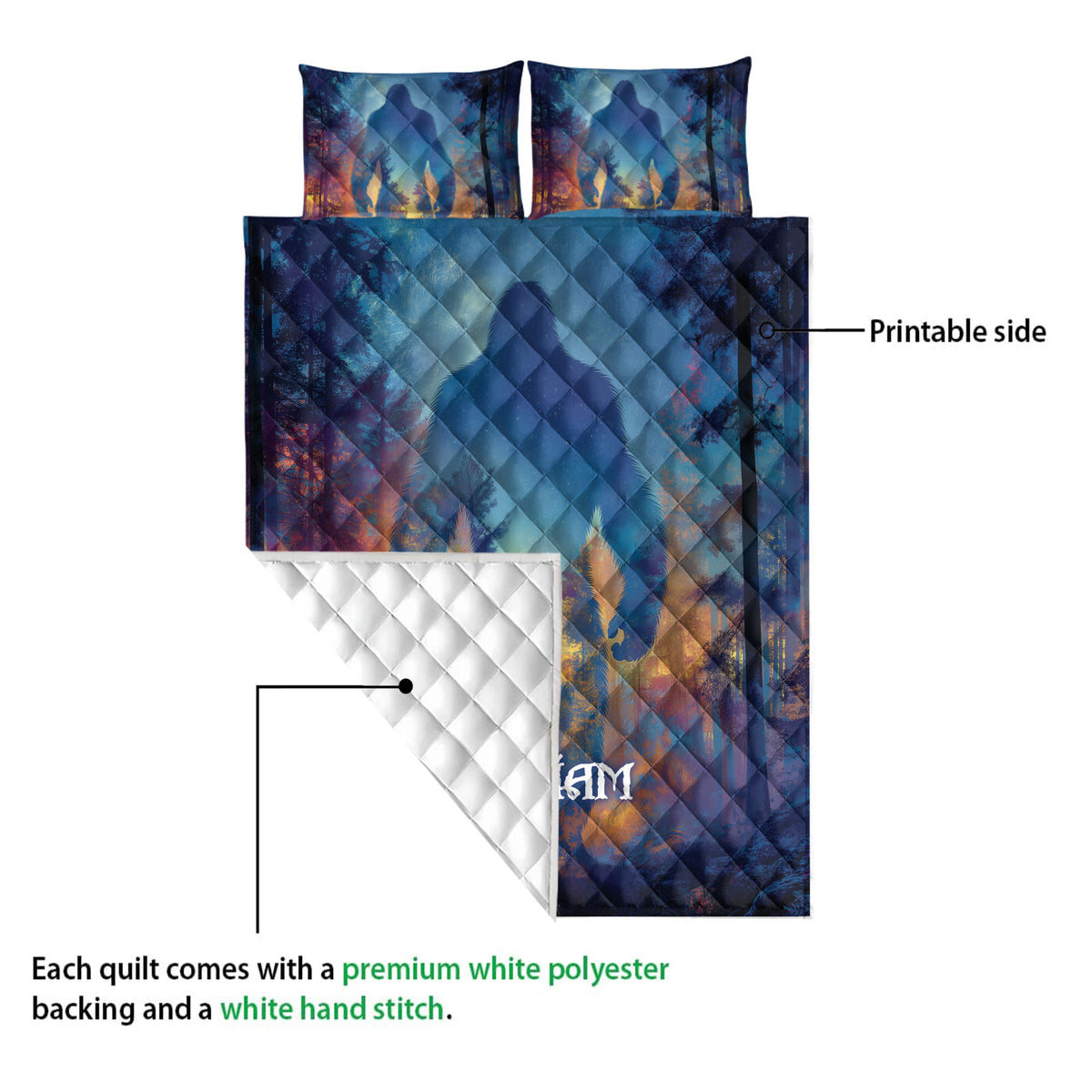 Bigfoot quilt blanket shown with a printed forest design and exposed white quilted backing