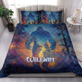 Bigfoot quilt bedding styled in a bedroom with a large forest silhouette and vivid sunset colors