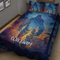 Angled bedroom view of a Bigfoot quilt blanket featuring a shadowy woodland scene in rich colors