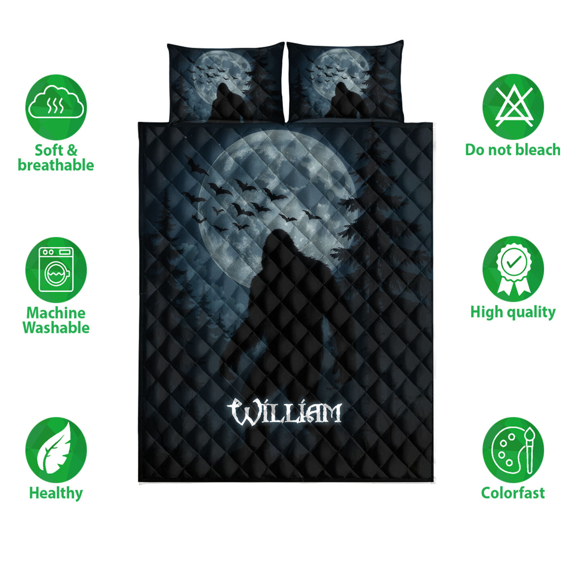 Bigfoot quilt bedding set shown with moonlit forest artwork and product feature icons