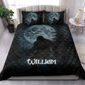 Bigfoot quilt bedding styled in a bedroom with moonlit forest and dark blue artwork