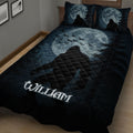 Close view of Bigfoot quilt blanket featuring a shadowy forest silhouette beneath a full moon