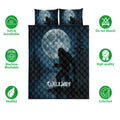 Bigfoot quilt bedding set displayed with moon, pine trees, fishing silhouette and feature icons