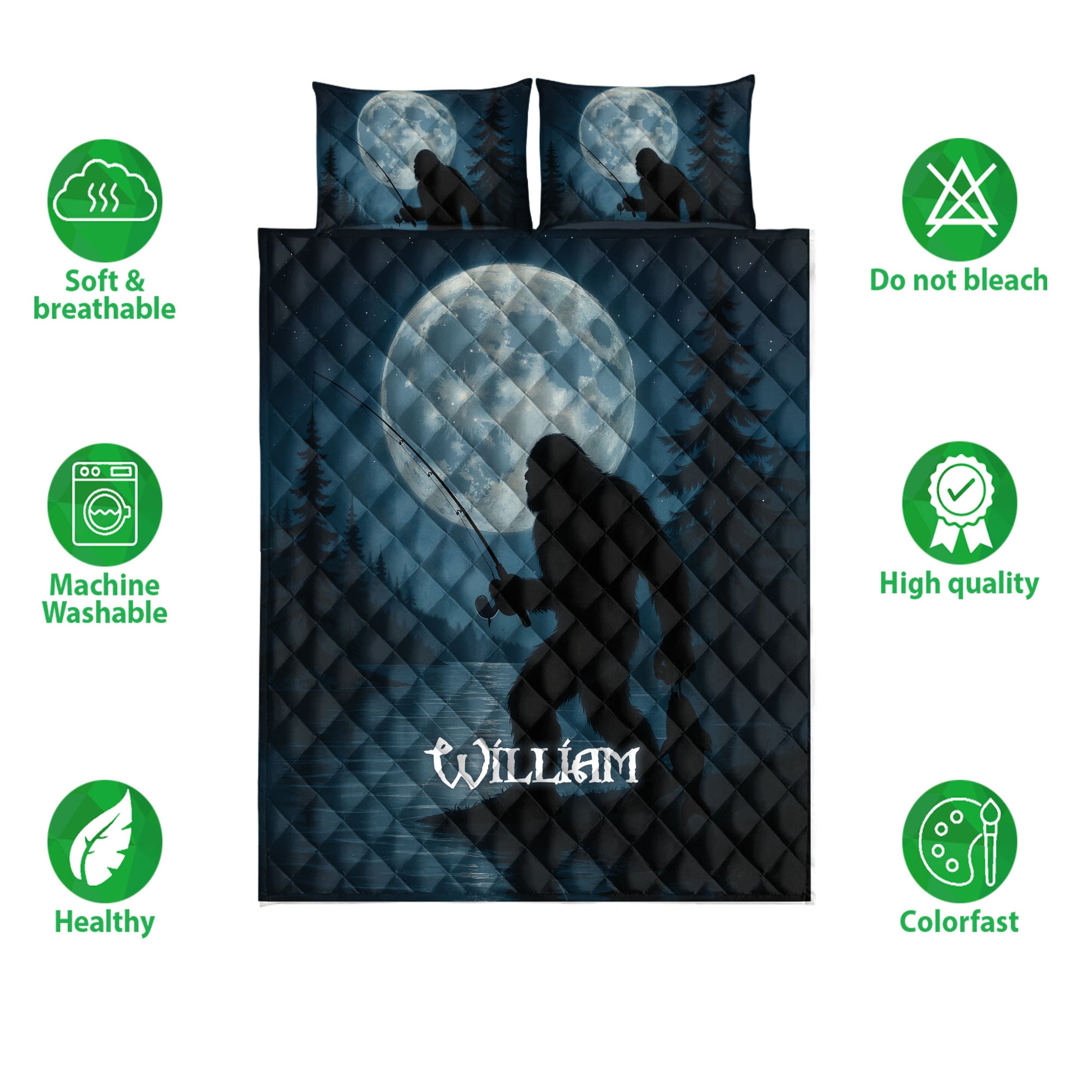 Bigfoot quilt bedding set displayed with moon, pine trees, fishing silhouette and feature icons