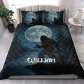 Bigfoot quilt bedding styled on a bedroom bed with moon, forest and Sasquatch artwork