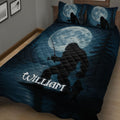 Close view of Bigfoot quilt blanket artwork with a moonlit lake, pine trees and dark blue tones