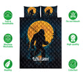 Bigfoot quilt bedding set featuring a fishing Sasquatch beneath a golden moon with product feature icons