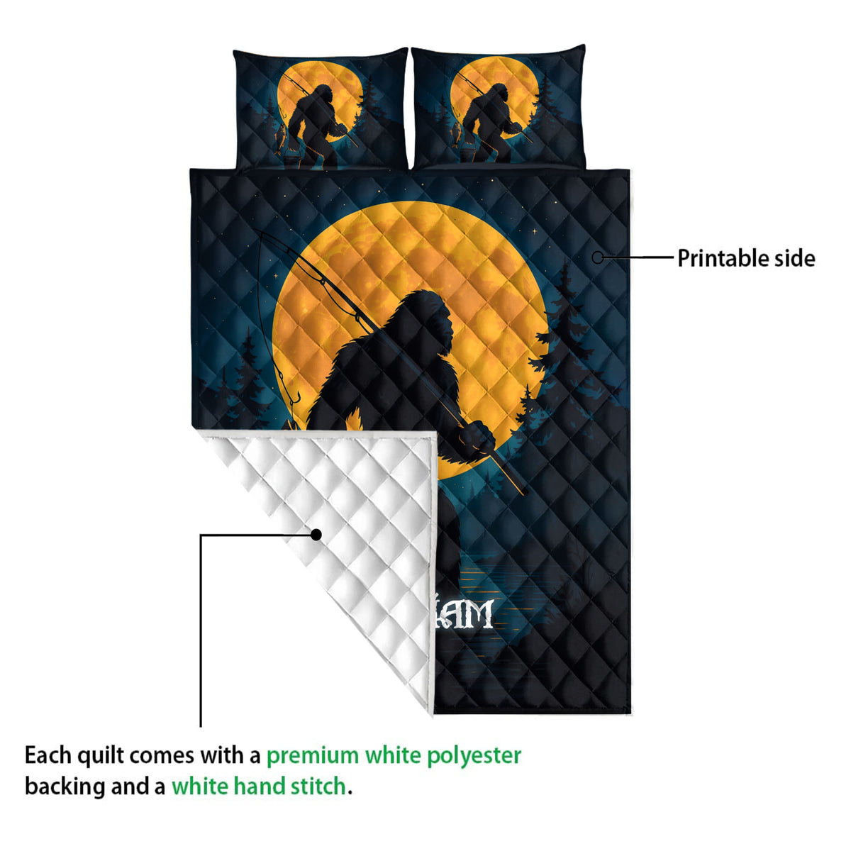 Bigfoot quilt blanket showing a moonlit fishing Sasquatch design and a close view of the quilted backing