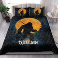 Bigfoot quilt bedding styled in a bright bedroom with a fishing Sasquatch, golden moon, and pine forest artwork