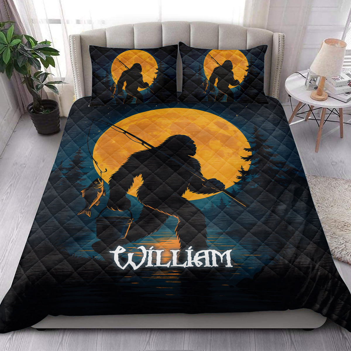 Bigfoot quilt bedding styled in a bright bedroom with a fishing Sasquatch, golden moon, and pine forest artwork