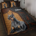 Doberman quilt bedding set displayed on a bed with black, tan, and brown stitched artwork