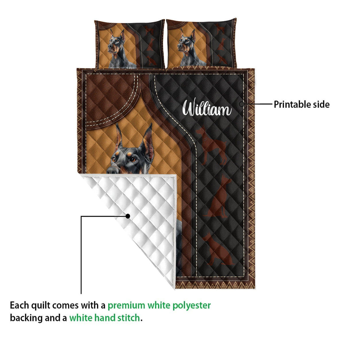Doberman quilt showing the printed front design and white quilted backing