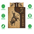 Rodeo quilt bedding set displayed with bull riding artwork and soft breathable care feature icons