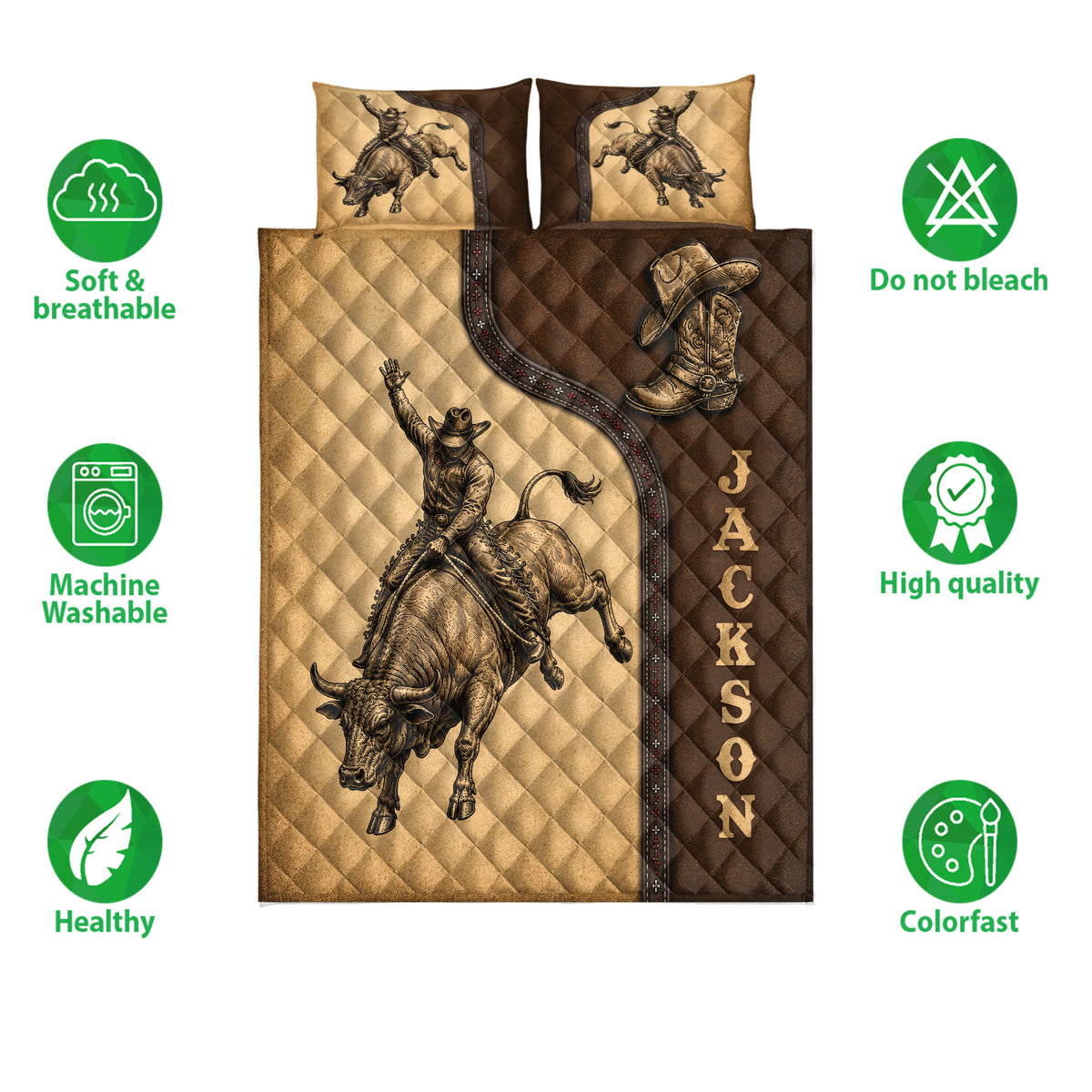 Rodeo quilt bedding set displayed with bull riding artwork and soft breathable care feature icons