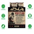 Wrestling quilt bedding set shown front-facing with grappler artwork, life lessons design, and feature icons