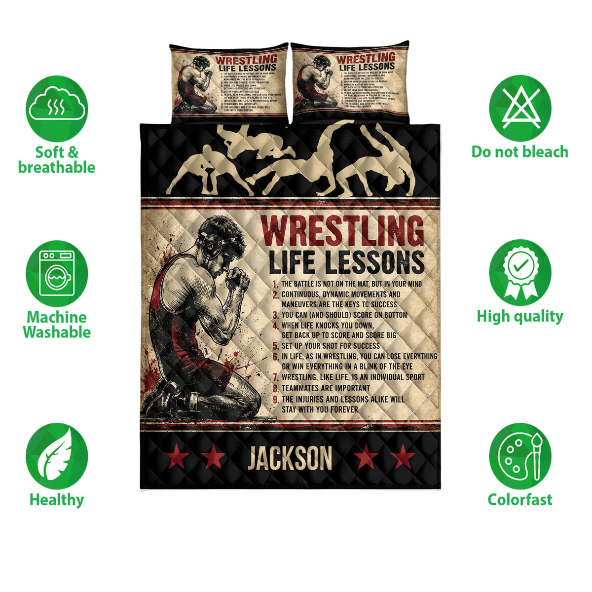 Wrestling quilt bedding set shown front-facing with grappler artwork, life lessons design, and feature icons