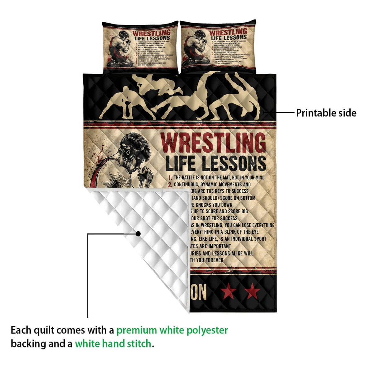 Wrestling quilt blanket detail showing the printed grappling silhouettes and quilted white backing