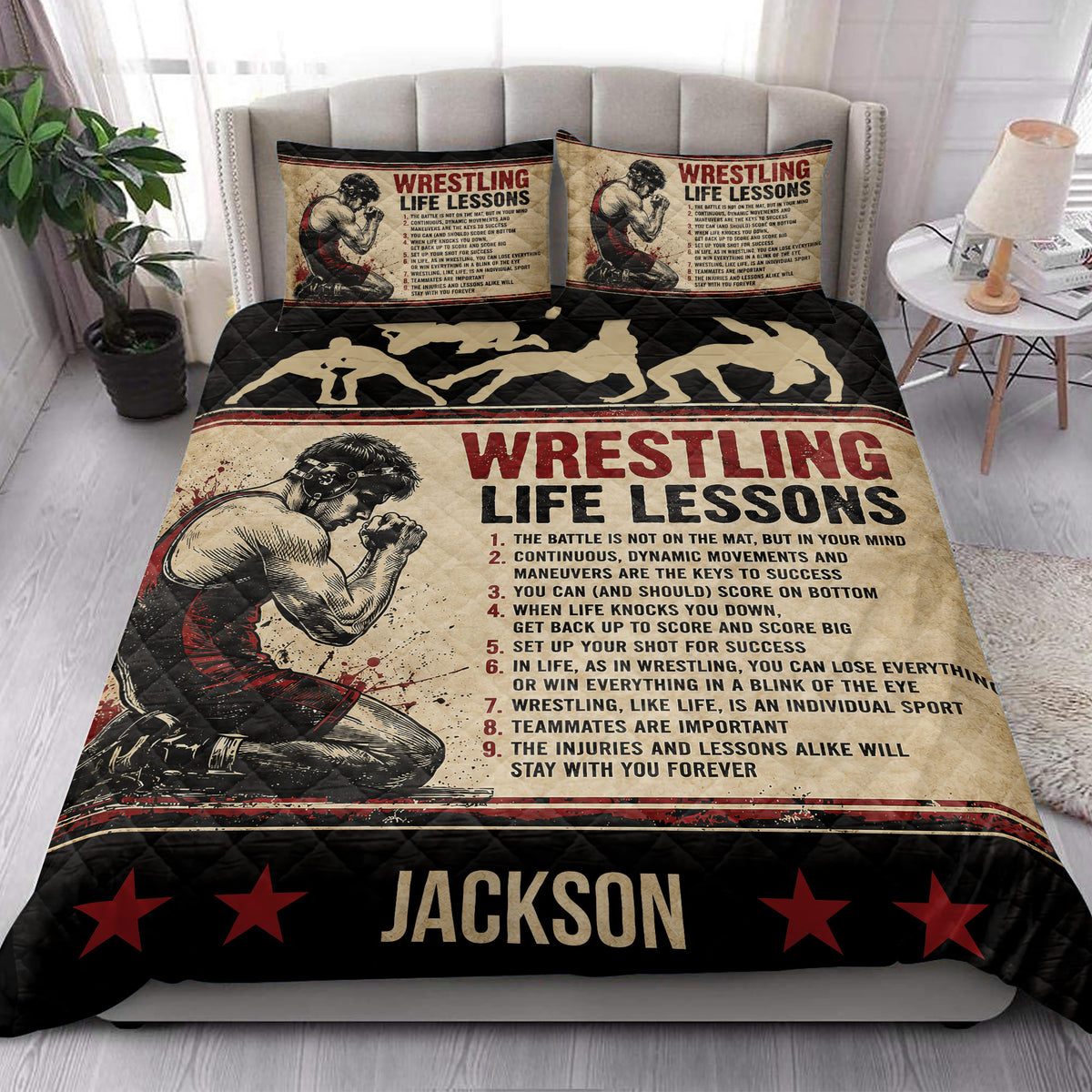 Wrestling quilt bedding styled in a bright bedroom with athlete artwork, black borders, and red star accents