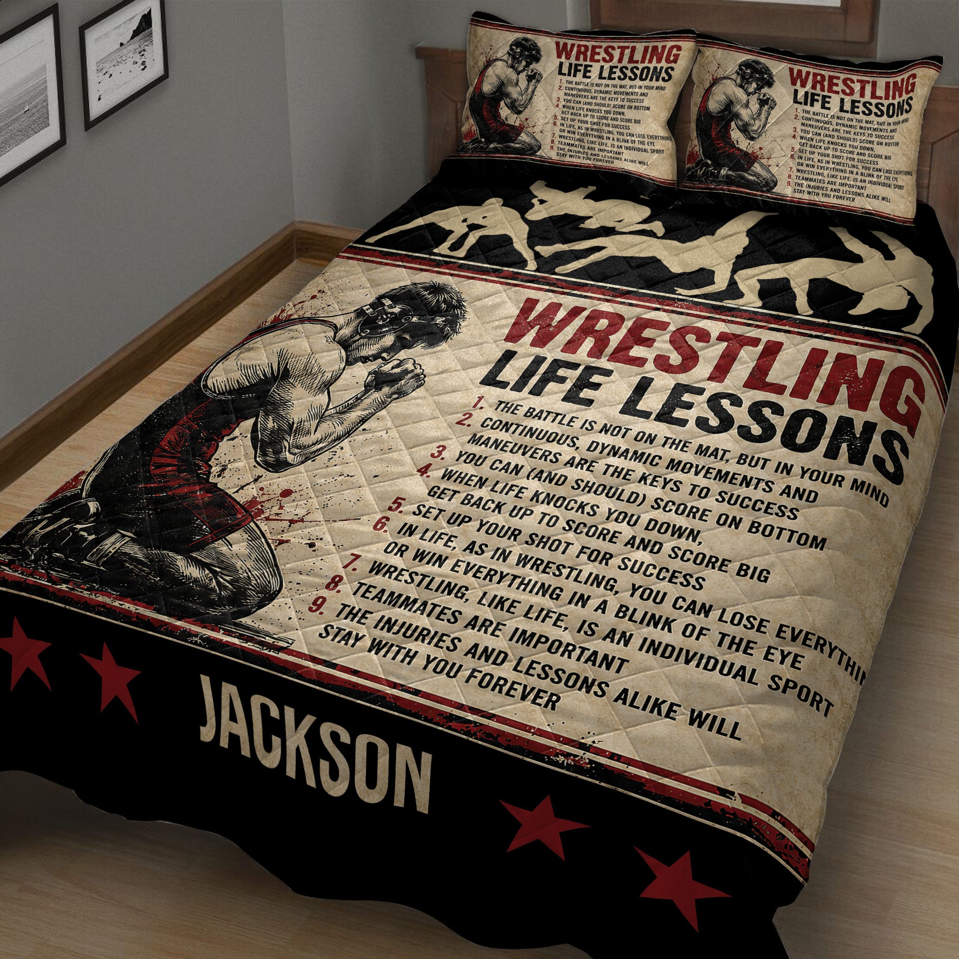Wrestling quilt blanket shown at an angle with grappler artwork, motivational text, and black red decor